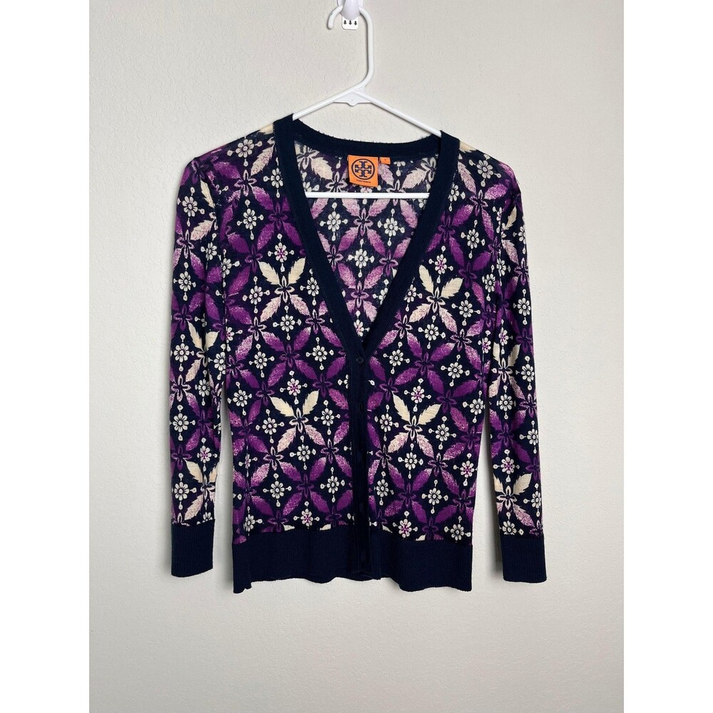 Tory Burch Cardigan Sweater Womens Small Blue Floral Wool Button Front Knit - Picture 1 of 8